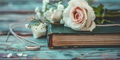 ai gerado Casamento foto álbum com flor em uma de madeira fundo