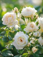 ai gerado lindo florescendo branco rosas em arbusto ao ar livre, fechar-se foto