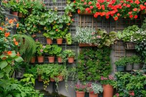 ai gerado pátio e sacada vegetação. jardins em a paredes foto