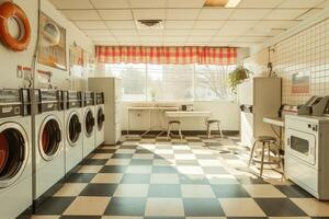ai gerado Visão dentro uma lavanderia quarto com vintage decoração e lavando máquinas. foto