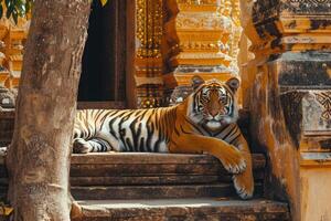 ai gerado tigre relaxante em escadas com uma árvore atrás isto, dentro a estilo do budista arte e arquitetura. foto