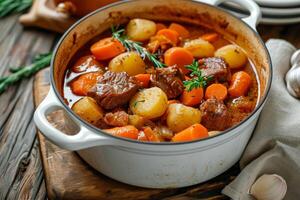 ai gerado carne cozido com batatas, cenouras e especiarias dentro Panela em de madeira fundo foto