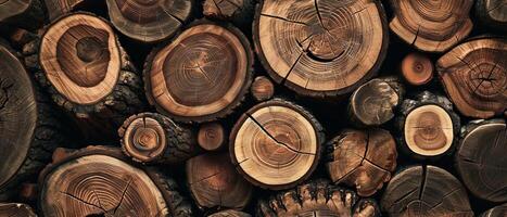 ai gerado fechar-se Visão do empilhado madeira Histórico, destacando a intrincado padrões do árvore argolas e texturas foto