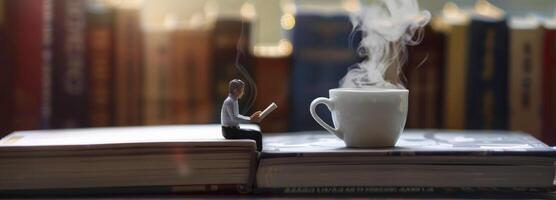 ai gerado uma miniatura homem sentado em topo do livros lendo com café copo foto