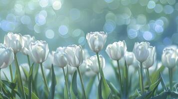 ai gerado branco tulipas conjunto contra uma suave bokeh fundo, criando uma lindo e sereno Primavera ambiente. foto