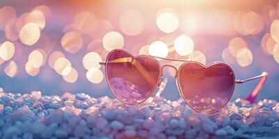 ai gerado em forma de coração oculos de sol contra uma pastel bokeh fundo foto