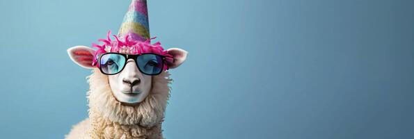 ai gerado ovelha vestindo uma festa chapéu e oculos de sol isolado em azul fundo foto