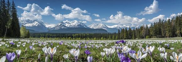 ai gerado lá é a sem fim mar do branco açafrões florescendo em verde pastagem dentro frente do coberto de neve montanhas foto