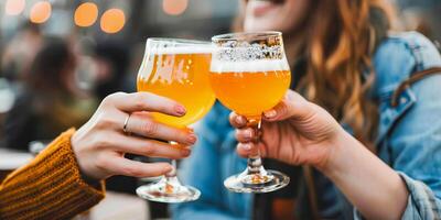 ai gerado uma foto capturando dois indivíduos segurando óculos do cerveja, acionado dentro uma casual brinde. a configuração sugere uma relaxado e social atmosfera