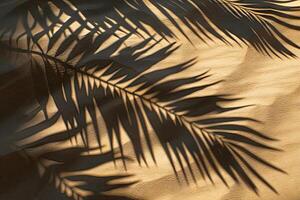 ai gerado a sombra do Palma folhas fundida sobre a suave, dourado areias, evocando a sereno essência do uma tropical de praia foto