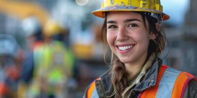 ai gerado uma mulher é visto vestindo uma Difícil chapéu e segurança colete, exibindo confiança dentro uma construção contexto. ela é preparado para trabalhos e exposições profissionalismo dentro dela vestuário foto