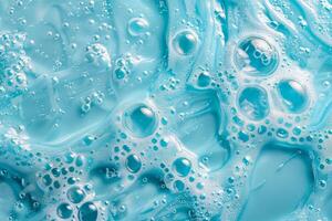 ai gerado macro tiro do luz azul gel com ar bolhas criando uma fresco e limpar \ limpo textura, incorporando uma sentido do pureza e higiene foto
