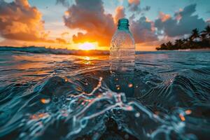 ai gerado Dividido Visão do a oceano com plástico garrafa poluição acima e abaixo água, mostrando de Meio Ambiente impacto às pôr do sol. foto