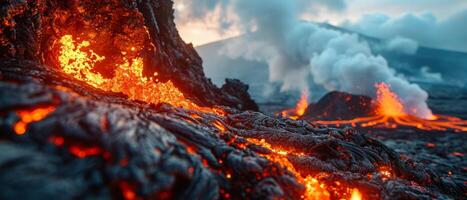 ai gerado fundido lava fluxo em áspero vulcânico panorama. fogosa fundido lava fluxos através uma escuro, resfriado vulcânico terreno, exibindo a cru poder do natureza foto