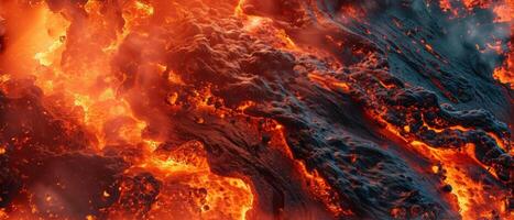 ai gerado fechar-se do brilhante, fundido lava fluindo entre endurecido vulcânico rochas, exibindo da natureza cru poder foto