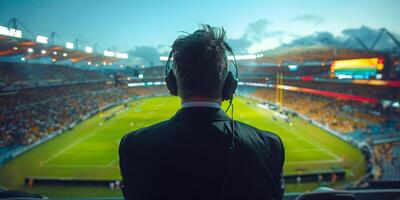 ai gerado uma pessoa é em pé dentro frente do uma grande, animado multidão às uma futebol jogo, provável uma Esportes comentarista ou apresentador. foto