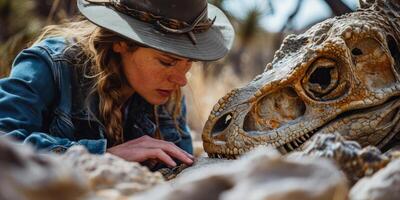 ai gerado fêmea paleontólogo com dinossauro fóssil. fechar encontro com a passado de uma fêmea paleontólogo foto