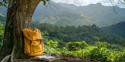 ai gerado aventura mochila e aberto livro dentro floresta configuração foto