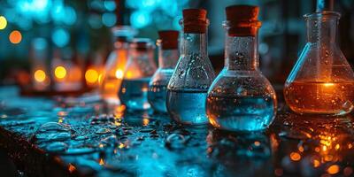 ai gerado científico artigos de vidro contendo azul e laranja líquidos em uma reflexivo molhado superfície com bokeh luzes foto