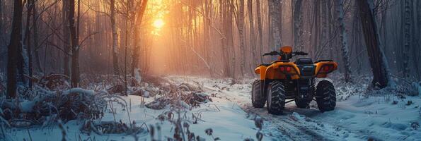 ai gerado uma amarelo quatro rodas navega através a Nevado terreno, deixando faixas atrás dentro a branco pulverulento neve. foto