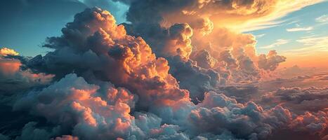ai gerado dramático pôr do sol cloudscape com vibrante cores. uma tirar o fôlego Visão do cumulus nuvens iluminado de uma vibrante pôr do sol foto