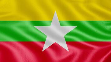 bandeira do myanmar. realista acenando bandeira 3d render ilustração com altamente detalhado tecido textura foto