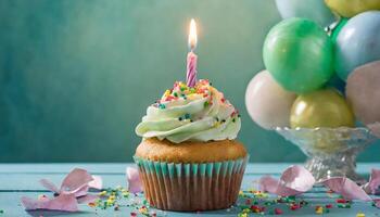 ai gerado fofa Bolinho com vela em balões para aniversário celebração foto