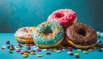 ai gerado foto do colorida envidraçado rosquinhas com uma brilhante azul fundo