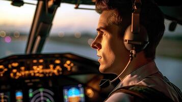 ai gerado navegação a céus, vôo alto, piloto dentro a comercial avião cockpit, atrás controles, generativo ai foto