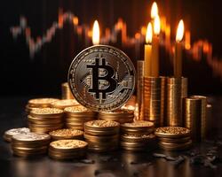 ai gerado bitcoin ouro moedas com velas dentro a fundo. virtual criptomoeda conceito foto