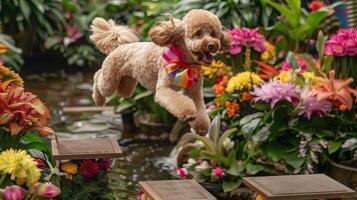 ai gerado uma padrão poodle alegremente saltos para dentro uma lagoa do vibrante flores, criando uma caprichoso e colorida cena. foto