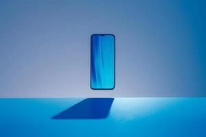 ai gerado uma lustroso moderno Smartphone dentro azul cor parece para estar levitando acima uma mesa dentro uma sereno e cativante maneiras. foto