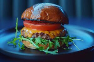 ai gerado uma delicioso Hamburger coberto com pegajoso queijo e vibrante tomates, servido em uma à moda azul placa. foto