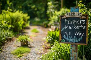 ai gerado escrito a mão placa dizendo agricultores mercado isto caminho em uma cidade rua canto, direção visitantes para a mercado com local produzir. foto