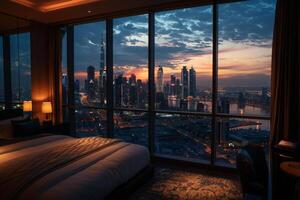 ai gerado uma luxuoso hotel quarto com uma panorâmico Visão do a cidade Horizonte às noite, exibindo cintilante luzes e movimentado ruas abaixo. foto