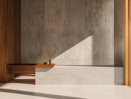 ai gerado minimalista interior projeto, concreto textura com natural madeira acentos, dentro moderno elegância foto
