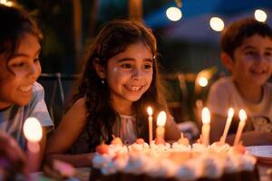 ai gerado uma grupo do alegre crianças sentar dentro antecipação por aí uma lindo aniversário bolo, avidamente esperando para faço uma desejo e golpe Fora a velas. foto