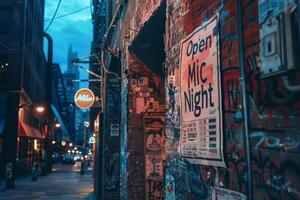 ai gerado a aberto microfone noite poster carrinhos Fora em uma parede preenchidas com camadas do urbano obra de arte e panfletos, Como crepúsculo resolve em uma cidade beco. foto