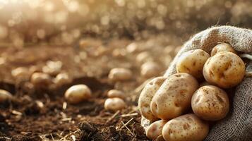 ai gerado recentemente colhido batatas em pé dentro saco foto