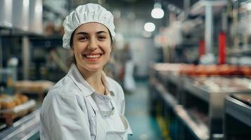 ai gerado uma Comida industrial Produção mulher trabalhador dentro cheio segurança roupas foto