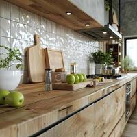 ai gerado fechar acima do uma cozinha moderno rústico estilo, madeira mobília foto