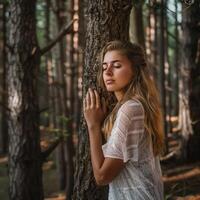 ai gerado pensativo mulher abraçando grande árvore tronco dentro a floresta, conexão com natureza foto