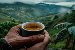 ai gerado apreciar uma copo do café enquanto negligenciar uma café plantação foto