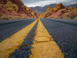 ai gerado estrada dentro a deserto, amarelo tráfego linha foto