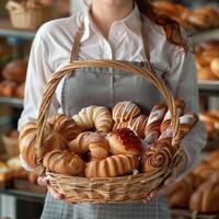 ai gerado fechar-se mulher segurando vime cesta com muitos diferente pastelaria foto