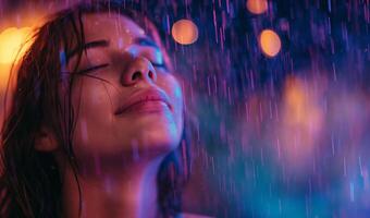 ai gerado menina com fechadas olhos, face acima dentro a chuva, cinematográfico cor estilo. feliz mulher dentro a chuva. olho fechadas fechar acima fêmea retrato. foto