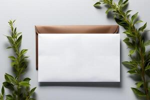 ai gerado em branco branco cartão com kraft Castanho papel envelope modelo brincar isolado em branco fundo, topo Visão foto