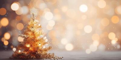 ai gerado minúsculo fofa espumante Natal árvores com ouro matizes festivo fundo com cópia de espaço. miniatura Diversão feriado inverno adereços papel de parede pano de fundo foto