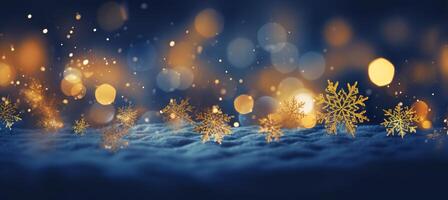 ai gerado acolhedor Natal dourado flocos de neve em a neve fundo com amarelo e azul bokeh matizes. festivo, inspirador papel de parede pano de fundo foto