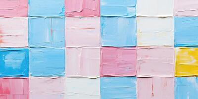 ai gerado abstrato vibrante Grosso quadrado escova golpes, pastel cor paleta fundo textura padronizar papel de parede. altamente texturizado, brilhante, colorida arte com silenciado azul e Rosa matizes foto